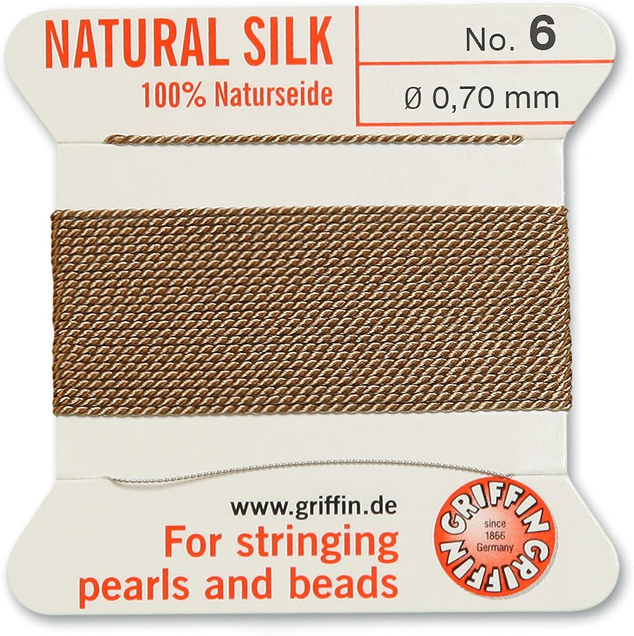 Griffin Silk Bead Cord Perlseide – Size 6 (0.70mm) – 2 Meters per Card – Stainless Steel Needle Attached – for Knotting Pearls, Gemstones, Crystals and Beads